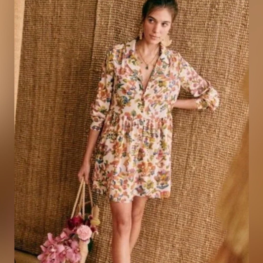 Sezane Floral Mini Dress in Cream with Pink, Green and Yellow Print